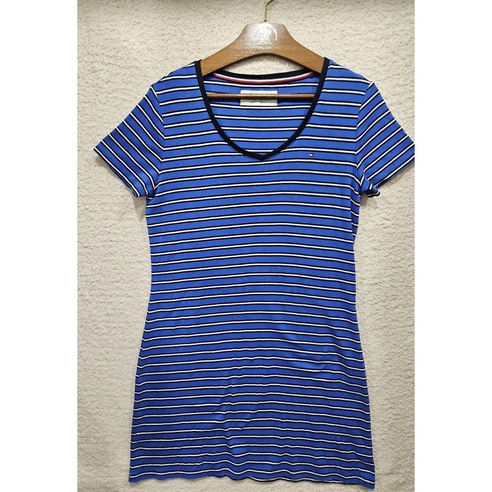 Tommy Hilfiger Women's T-shirt Dress Cotton Blend Logo Blue Stripe Size Medium